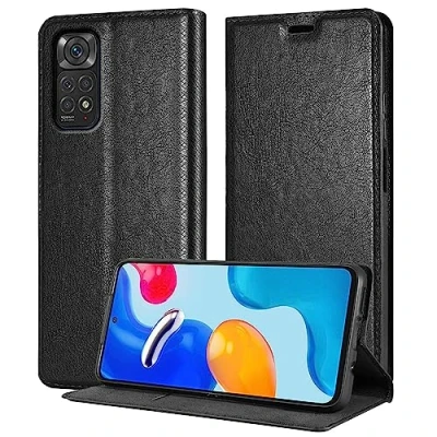 Abbildung von Cadorabo Hülle kompatibel mit Xiaomi RedMi Note 11 4G / 11S in Nacht SCHWARZ Schutzhülle Magnetverschluss, Standfunktion und Kartenfach