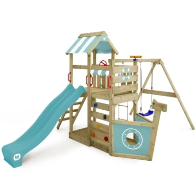 Abbildung von Wickey Spielturm SeaFlyer im Schiffdesign mit Schaukel &amp; Rutsche, 10 Jahre Garantie*, Kletterwand Klettersteinen, Sandkasten