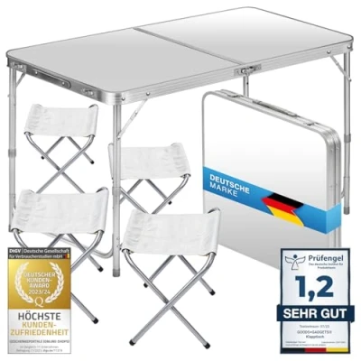 Abbildung von GOODS+GADGETS Klappbarer Multifunktionstisch Mehrzwecktisch Campingtisch Klapptisch Markttisch höhenverstellbarer Tapeziertisch Beistelltisch zum Campen (Camping Set mit 4 Stühlen Weiß)