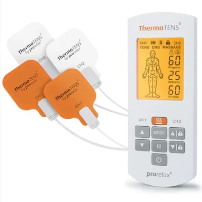 Abbildung von prorelax TENS/EMS QUATTRO Akkubetriebenes Elektrostimulationsgerät 4 Therapien TENS, EMS, MASSAGE, WÄRME Zur Schmerzlinderung, Entspannung, Muskelaufbau 60 Programme 25 Intensitätsstufen