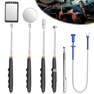 Abbildung von 6 Stück Versenkbar Inspektionsspiegel Kit, Teleskopspiegel Pick up tool Set Teleskop Magnet Werkzeug mit LED Lampe, Quadratisch Runder Teleskopgriff 360 Drehbar Krallengreifer