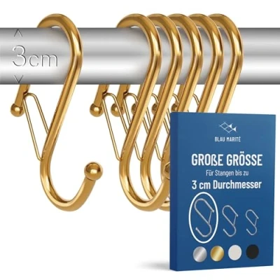 Abbildung von Blau Marité 6 Stück S Haken Groß für Stangen bis 3 cm Durchmesser zum Einhängen mit Sicherheitsschnalle Kleiderstange &amp; Garderobenstange Metallhaken Lagerung Gold