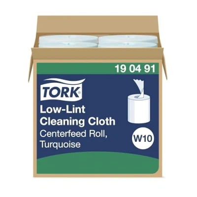 Abbildung von Tork 190491 fusselarme Reinigungstücher im W10 Spendereimer mit Einzelblatt Entnahme / 1 lagige, starke Putztuchrolle in Türkis Leicht verschließbarer Deckel Premium Qualität 4 x 60 m