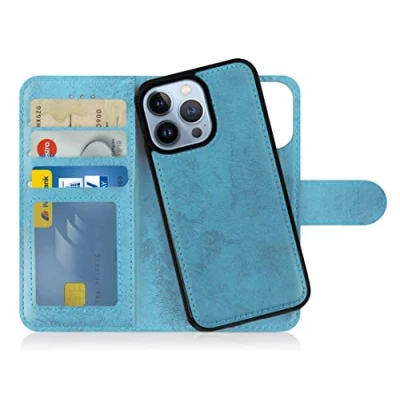 Abbildung von MyGadget Flip Case für iPhone 13 Pro [ abnehmbare Magnet Hülle ] Handyhülle aus Kunstleder Klapphülle mit Kartenfach Schutzhülle in Hellblau