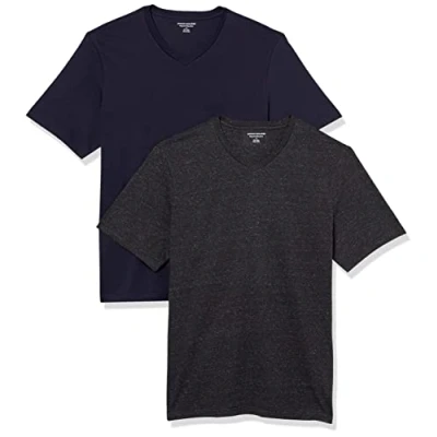 Abbildung von Amazon Essentials Herren Kurzärmliges T Shirt mit V Ausschnitt in normaler Passform (in Übergrößen erhältlich), 2er Pack, Dunkelgrau Meliert/Marineblau, XL