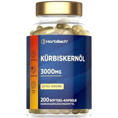 Abbildung von Kürbiskernöl Kapseln 3000mg pro Tagesdosis Mit natürlichen Vitamin E Hochdosiert Naturbelassen &amp; Kaltgepresst 45% Linolsäure (Omega 6) 200 Pumpkin Seed Horbaach