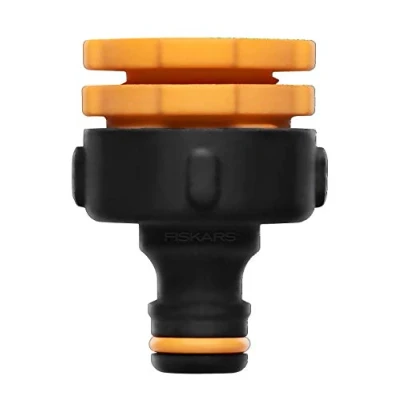 Abbildung von Fiskars Hahnverbinder Multi, Innengewinde Für verschiedene Wasserhahngrößen, drei Gewindegrößen Ø 21 mm (1/2&quot;), 26,5 (3/4&quot;) und 33,3 (1&quot;), 17 g, Schwarz/Orange, 1027051