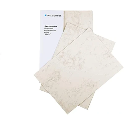 Abbildung von Betterpress® 100 Blatt Briefpapier Marmorpapier chamois 120g, A4 Beidseitig Marmoriertes Papier in hochwertiger Qualität Premium ideal als Speisekarte, Zertifikat und Urkunde zum selber drucken