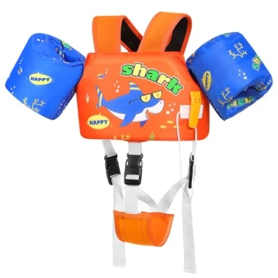 Abbildung von MoKo Kinder Schwimmflügel 22 55 lbs, Kleinkind Schwimmjacke, Badeanzug mit Verstellbar Gurt, Schwimmjacke Wasser Flügel Pool Float, Meer Schwimmen Hilfe für Wassersport Lernen, Orange Blau Haie