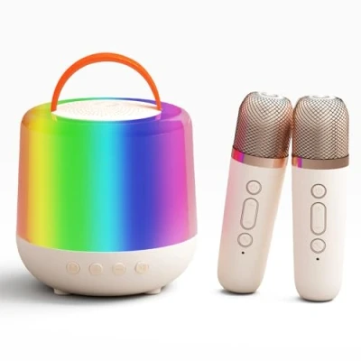 Abbildung von Karaoke Maschine Kinder, Mini mit Mikrofon Anlage 2 Mikrofonen für MäDchen Jungen, Tragbares Bluetooth Lautsprecher Licht &amp;