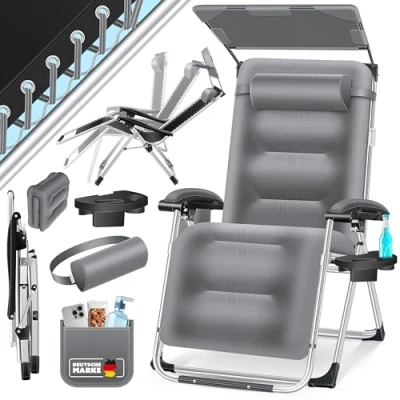 Abbildung von KESSER® Sonnenliege Liegestuhl, klappbare XXL Gartenliege Wetterfest, Belastbar 200kg, Ergonomisches Polster verstellbare Rückenlehne inkl. Nackenkissen Getränkehalter &amp; Armpolster, mit Dach Grau