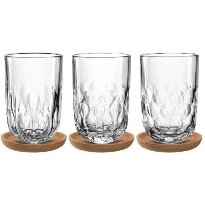 Abbildung von LEONARDO Gläser Set Latte Macchiato GOCCE, 380 ml, 6 teilig, Glas, 3 mit unterschiedlichem Tropfenrelief, inkl. Kork Untersetzer