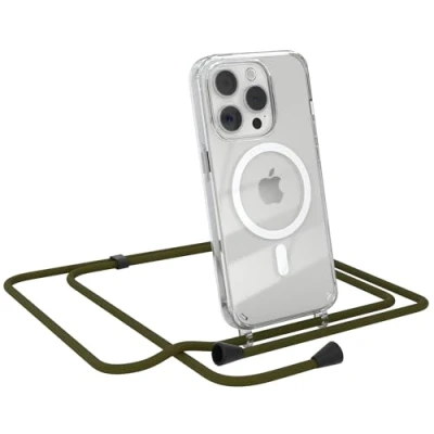 Abbildung von EAZY CASE Handykette kompatibel mit iPhone 15 Pro Kette zum Umhängen Stoßfest Handyhülle für Silikon Hülle Band Handytasche Transparent als Fallschutz in Grün Clips Schwarz