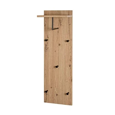 Abbildung von HAKU Garderobenpaneel PARMA, Artisan Eiche Dekor, Schwarz, Metall, 5 Haken, 1 Kleiderstange, Hutablage, B 30 x H 100 cm