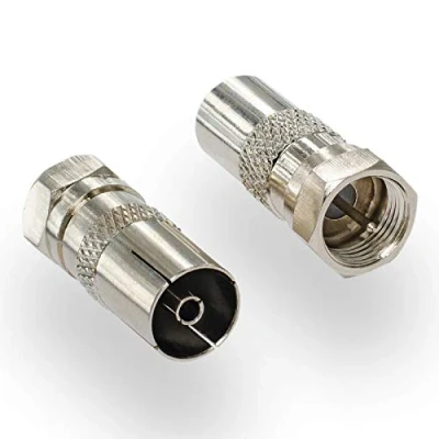 Abbildung von HB DIGITAL SAT Antennen Adapter: F Stecker (Satelliten DVB S/S2 Anschluß männlich) zu IEC Buchse (Kabelfernsehen C, Terrestrischer T2 weiblich) Koaxial TV Steckverbinder Vernickelt