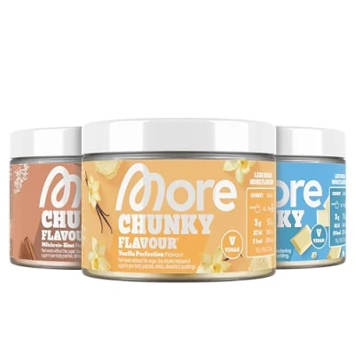 Abbildung von MORE NUTRITION Chunky Flavour, 3er Bundle, 3 x 150 g, Vanilla Perfection, Milchreis Zimt, Weiße Schokolade, Geschmackspulver zum Süßen, ohne viel Zucker und Kalorien, mit Inulin Laktase