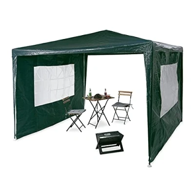 Abbildung von Relaxdays Pavillon 3x3 m, 2 Seitenteile, Metall Gestell, PE Plane, Fenster, Festival Partyzelt, Geschlossen, Grün, 300 x 250 cm