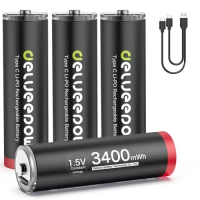 Abbildung von Delyeepow USB C AA Akkus Lithium Wiederaufladbare, 1.5V 3400mWh Wiederaufladbare Batterien mit 2 in 1 Ladekabel, Stunden Schnellladung, 1500 Zyklus, 4 Stück