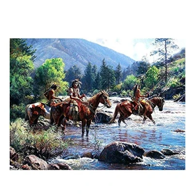 Abbildung von Native Indian Mountain River Ölgemälde Auf Leinwand Poster Und Drucke Retro Art Wandkunst Bild Für Wohnzimmer Dekor (Kein Rahmen,40 x 60 cm)