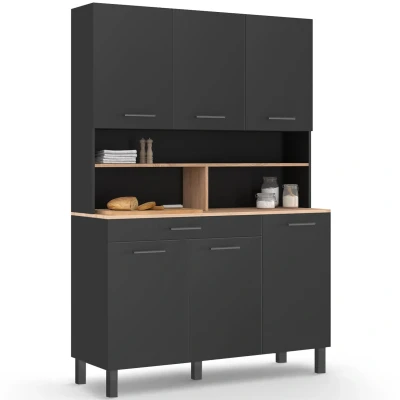 Abbildung von IDMarket Küchenanrichte, 120 cm, CINA 6 Türen + schwarze Schublade und Platten in Buchenoptik