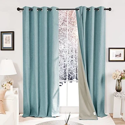 Abbildung von Deconovo 2 Vorhänge für Wohnzimmer, Dekoration, Leinenoptik, mit Ösen, Blickdicht, Küche, Schlafzimmer, Büro, 117 x 229 cm, Türkis