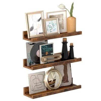 Abbildung von VASAGLE Hängeregal Wandregal, Schweberegal 3 Stück, Länge 38 cm mit hohen Kanten, für Bilderrahmen, Dekoration, Gewürze, Küche, Wohnzimmer, Rustikales Braun LWS037X01