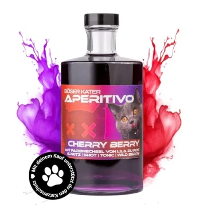 Abbildung von Böser Kater Cherry Berry Aperitivo Farbwechsel Effekt von Lila zu Rot durch Tonic oder Secco Kirsche Beeren Frucht Likör Ideal als Spritz Cocktail Perfekte Geschenkidee 0,5l 15% Vol.