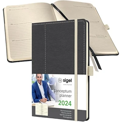 Abbildung von SIGEL C2457 Terminplaner Wochenkalender 2024, Lederoptik, ca. A5, dunkelgrau/weiß, Hardcover, 192 Seiten, Gummiband, Stiftschlaufe, Archivtasche, PEFC zertifiziert, Conceptum