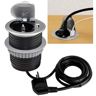 Abbildung von ChiliTec Versenkbare Steckdose für Schreibtisch/Arbeitsplatte 230V mit Anschlusskabel (Steckdose + USB)