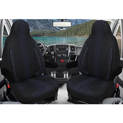 Abbildung von BREMER SITZBEZÜGE Maß Piloten Schonbezüge Sitzbezüge kompatibel mit Wohnmobil Ducato Weinsberg Adria Dethleffs Zubehör 2er Schonbezug Set inkl. Armlehnen Bezüge in Schwarz/Blaue Naht WPL406