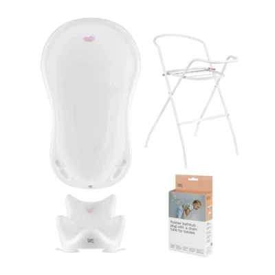 Abbildung von Hylat Baby Set: Stabile Babybadewanne mit Gestell, Badesitz und Abfluss TÜV Rheinland zertifiziert ideale Lösung für die tolle Badeerlebnisse Lite Kollektion Farbe: Weiß, Motiv: Hug Me