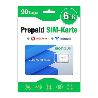 Abbildung von EIOTCLUB Prepaid SIM Karte ohne Vertrag, Kompatibel mit Vodafone &amp; Telefónica Netz, 6GB for 90 Tage, nur Daten, für LTE Überwachungskamera Wildkamera GPS Tracker