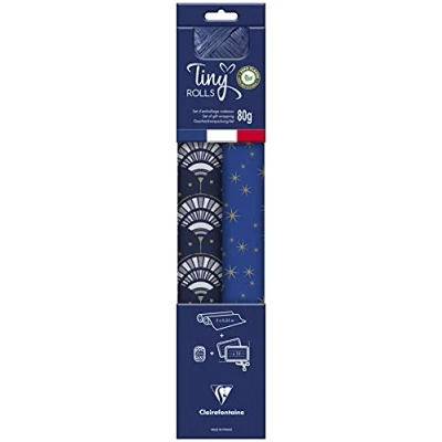 Abbildung von Clairefontaine 223892C Set Tiny Rolls, 2 Geschenkpapierrollen 5x0,35m, 80g + 1 Rolle Geschenkband 10 Geschenketiketten, blau/gold