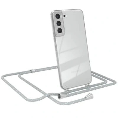 Abbildung von EAZY CASE Handy Chain kompatibel mit Samsung Galaxy S22 Plus 5G, Handykette Tasche transparent, Stoßfeste Soft Silikon TPU, Stylische Kette Hülle, Grau/Weiß Verschlüssen in Silber
