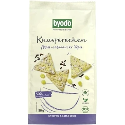 Abbildung von Byodo Bio Knusperecken mit schwarzem Reis 90g Vegan, Glutenfrei, Ohne Zuckerzusatz, Italienischer Mais Snack, Würzig &amp; Nussig, Ideal Für Diäten