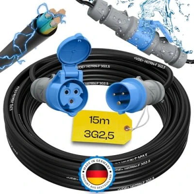 Abbildung von maxgo Camping Stromkabel 15m Wohnwagen Kabel Wohnmobil CEE Stecker Verlängerungskabel 3 Polig 3x2,5 Campingkabel 15 Meter Strom Verlängerung H07RN F Camper Outdoor Mennekes