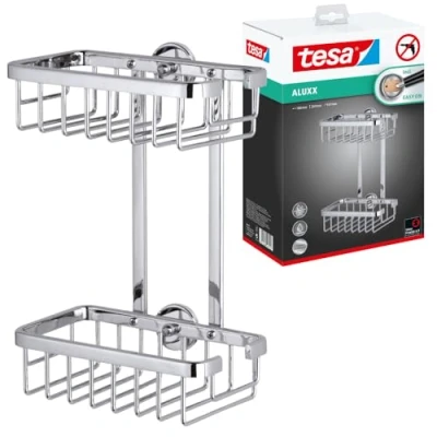 Abbildung von tesa Duschablage ALUXX Duschablagekorb ohne Bohren 26,0 cm : 18,0 10,7 cm, Packung 1 tlg., selbstklebendes Hängeregal für die Dusche chrom silber glänzend
