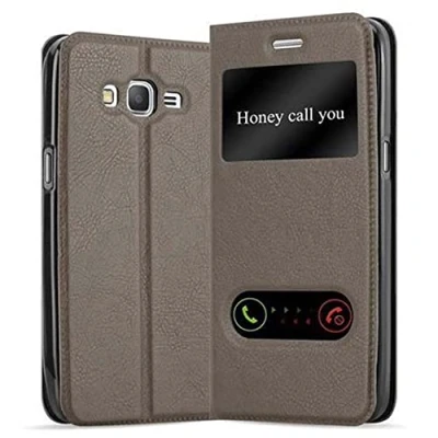 Abbildung von Cadorabo Hülle kompatibel mit Samsung Galaxy Grand Prime Sichtfenster aus Kunst Leder Flip Klappbare Magnetische [Standfunktion] [Kartenfächern] Cover für Tasche in Braun