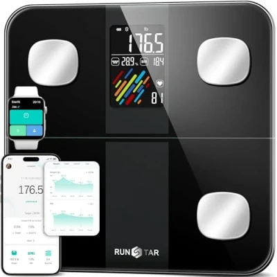 Abbildung von RunSTAR Körperanalysewaage, Digitale Waage mit hoher Genauigkeit und großem Display für BMI, Herzfrequenz Analyse von 15 Körperwerte, synchronisierbar Fitness App, Tragfähigkeit bis zu 180 kg