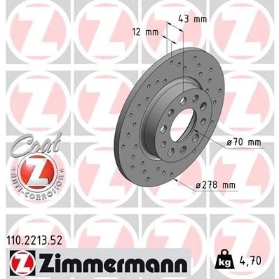Abbildung von ZIMMERMANN 110.2213.52 Bremsscheibe 278 12 10/5 5 110 voll, gelocht beschichtet ALFA ROMEO: 159 Sportwagon, Giulietta Schrägheck, Limousine