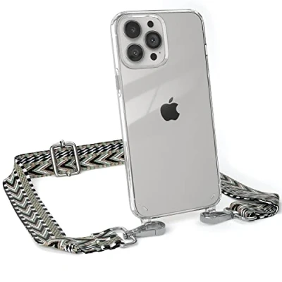 Abbildung von EAZY CASE Handykette Verstellbarer Trageriemen kompatibel mit iPhone 13 Pro Max, Handykordel Schutzhülle durchsichtig, Riemen für Handyketten, Grün/Schwarz Metall Silber