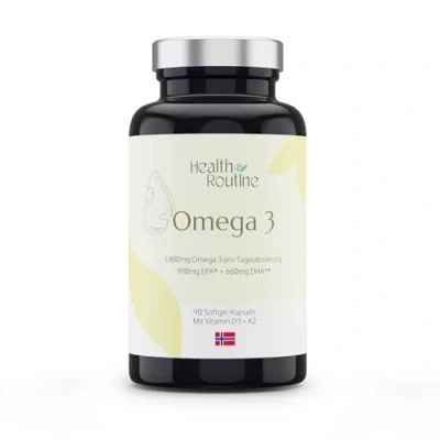 Abbildung von Health Routine Omega 3 Kapseln hochdosiert 90 Softgel EPA &amp; DHA Kapsel mit angenehmem Zitronen Geschmack, unterstützt Herz, Gehirn mehr, ohne unnötige Zusätze