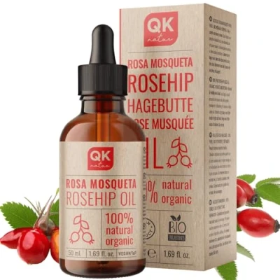 Abbildung von Hagebuttenöl BIO 100% reines organisches veganes 50 ml Glasflasche für Narben und Dehnungsstreifen Anti Falten Aging Kaltgepresst