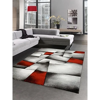 Abbildung von CARPETIA Moderner Teppich Kurzflor Wohnzimmerteppich Konturenschnitt karo abstrakt grau schwarz Weiss rot Größe 160x230 cm