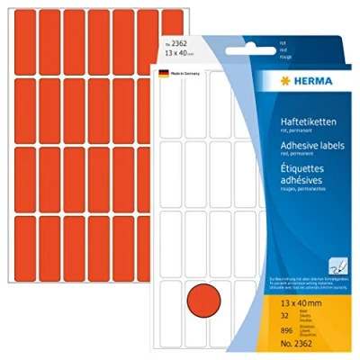 Abbildung von HERMA 2362 Vielzweck Etiketten, 896 Stück, 13 x 40 mm, 28 pro Bogen, selbstklebend, Haushaltsetiketten zum Beschriften, matt, blanko Papier Klebeetiketten Aufkleber, rot