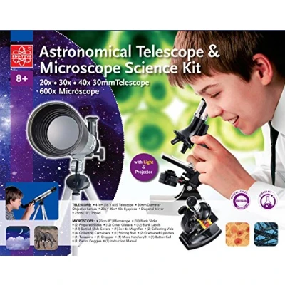 Abbildung von Teleskop und Mikroskop Set für den Einstieg in Kosmos Mikrokosmos Extrahandlupe