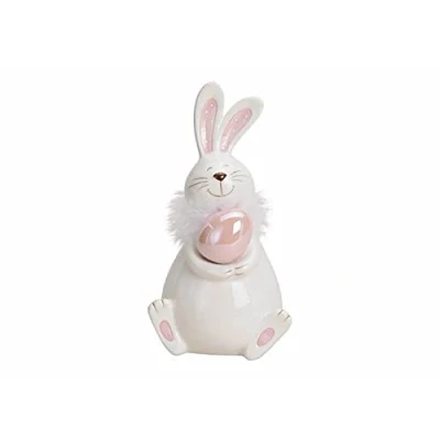 Abbildung von Dekofigur Hase mit Ei Keramik Weiß Rosa 20x11x10 cm Osterdeko