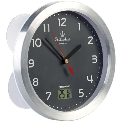Abbildung von St. Leonhard Bad Wanduhr: Badezimmer Wanduhr mit LCD Thermometer, Aluminium Rahmen, IPX4, Grau (Mini Wanduhr, Moderne wasserdicht)