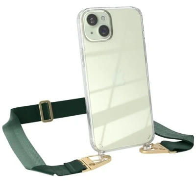 Abbildung von EAZY CASE Hülle mit Band kompatibel iPhone 15 Plus Handyhülle Umhängeband für 15+ Silikonhülle Transparent Schutzhülle Handykette zum Umhängen Handykordel Smartphone in Grün Gold