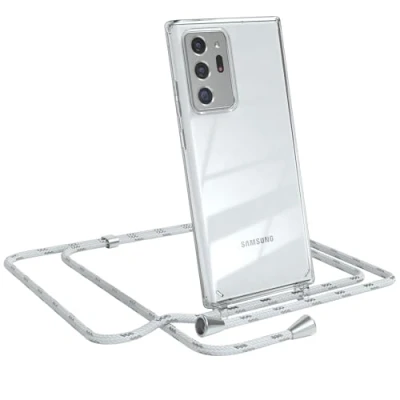 Abbildung von EAZY CASE Handykette kompatibel mit Samsung Galaxy Note 20 Ultra/Note Ultra 5G Handyhülle Umhängeband, Handykordel Schutzhülle, Silikonhülle, Hülle Band, Stylische Kette, Weiß/Silber